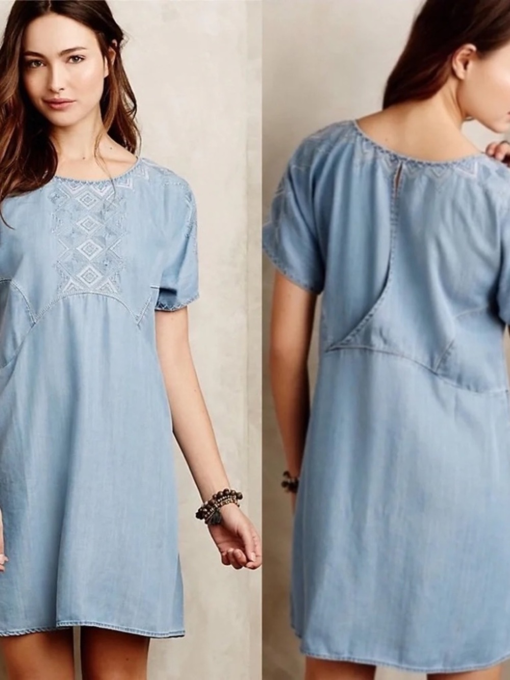 Anthropologie Holding Horses "White Sands" Embroidered Chambray Dress Size S